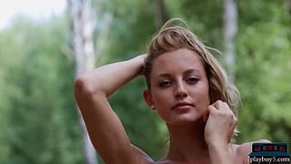 Stunning all natural blonde MILF models striptease naked outdoor