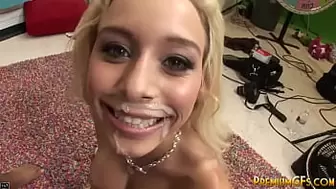 Blonde youngster blows his gigantic dong then she bends over and gets vagina screwed hard-core.