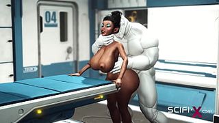 A fine fresh busty black has hard anal sex with sex robot in the medbay