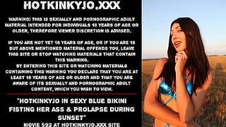 Hotkinkyjo in sweet blue bikini fisting her butt & prolapse during sunset