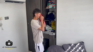 My shy stepmother surprises me by masturbating with her underwear and I fuck her hard until I spunk in her bum.