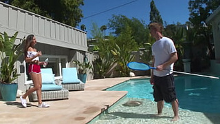 Skinny Youngster Nina North Rides The Pool Husband While Mums Isn't Watching