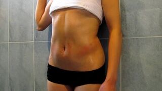 Oiling up my little 18 Year old Cousin's Sexy Abs, she has Sexy Breasts and Sexy Pussy Belly Fetish