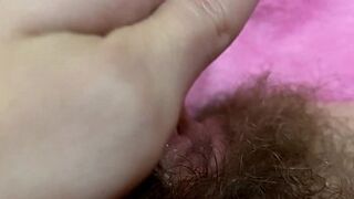 Gigantic pulsating clitoris climax in extreme close up with squirting hairy vagina grool play