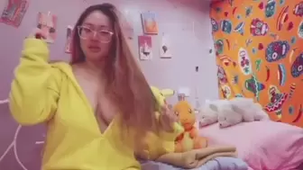 Gigantic Titty Oriental Teenie Crying while Brushing her Hair in a Pikachu Onesie